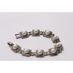 Vintage Silver Bracelet with Marcasite Pearl Panels ~ 260205-WH 949